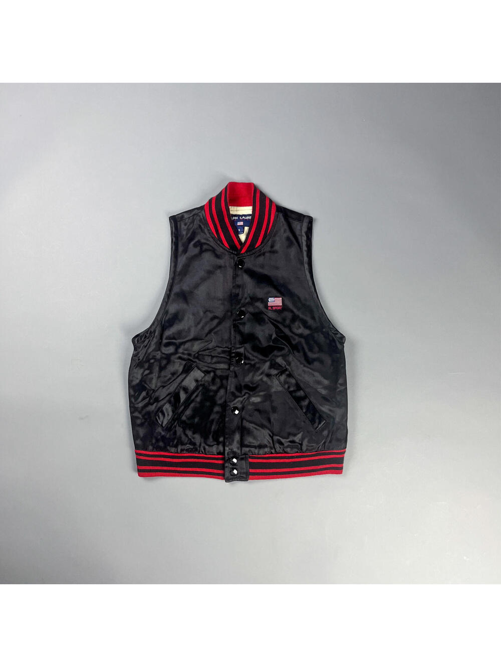 Ralph Lauren Satin Vest, Black w/ Red Striped Collar and Hem, Rare 90's Vintage